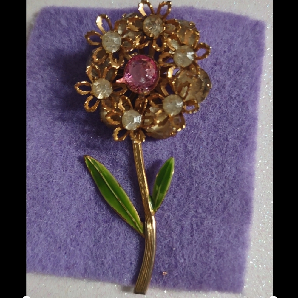 Vintage Rhinestone & Enamel Flower Brooch - Picture 11 of 16